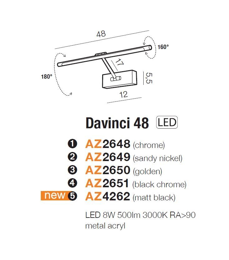 Sieninis šviestuvas AZzardo Davinci AZ2650 kaina ir informacija | Sieniniai šviestuvai | pigu.lt