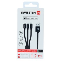 Кабель Swissten Textile Universal 3in1 USB-C / Lightning Data MFI / MircoUSB, 1,2 м, черный цена и информация | Кабели и провода | pigu.lt