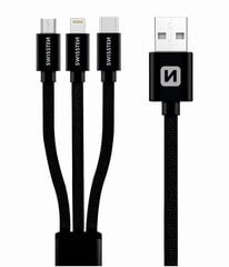 Swissten Textile Universal 3in1 USB-C / Lightning Data MFI / MircoUSB Cable 1.2m Black kaina ir informacija | Kabeliai ir laidai | pigu.lt