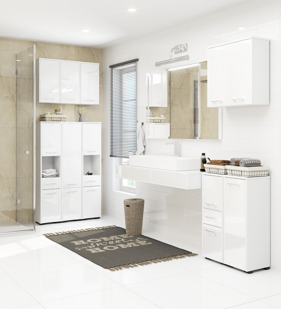Aukšta vonios spintelė-lentyna NORE Fin su 2-omis durelėmis, balta kaina ir informacija | Vonios spintelės | pigu.lt