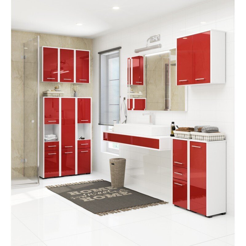 Aukšta vonios spintelė-lentyna NORE Fin su 2-omis durelėmis, balta/raudona kaina ir informacija | Vonios spintelės | pigu.lt