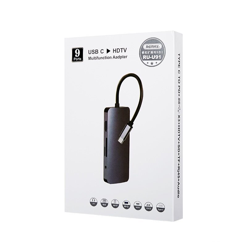 USB Type-C šakotuvas Remax RU-U91 9in1 USB3.0x3, HDMI, Type C, SD, MicroSD, RJ45, Aux цена и информация | Adapteriai, USB šakotuvai | pigu.lt