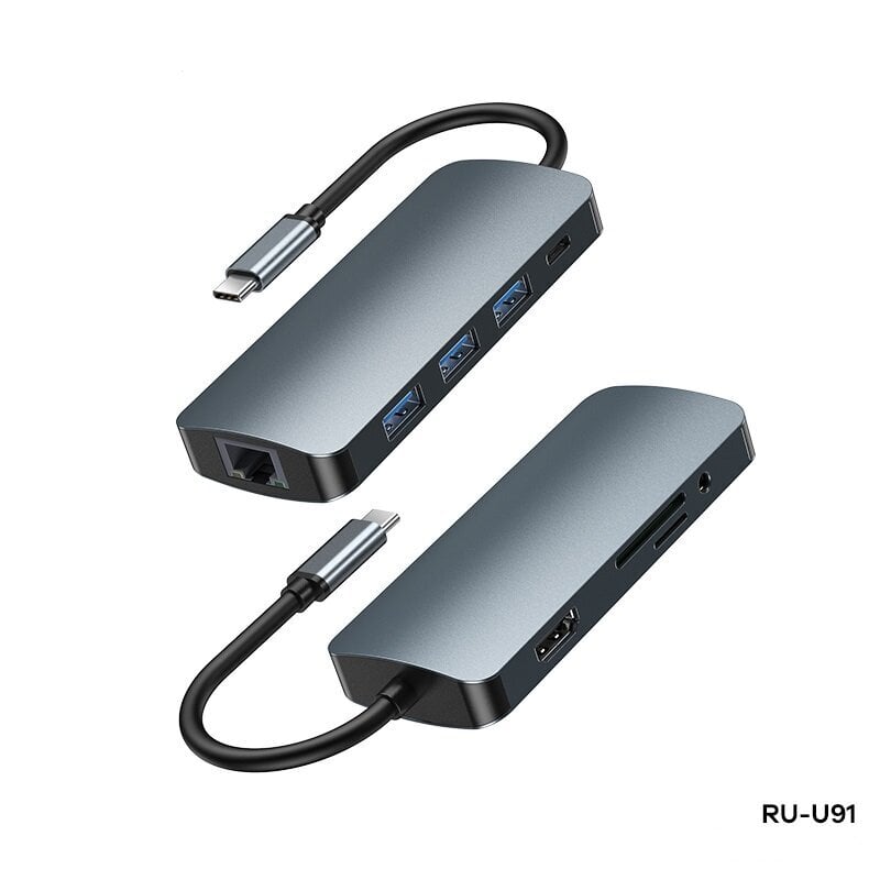 USB Type-C šakotuvas Remax RU-U91 9in1 USB3.0x3, HDMI, Type C, SD, MicroSD, RJ45, Aux kaina ir informacija | Adapteriai, USB šakotuvai | pigu.lt