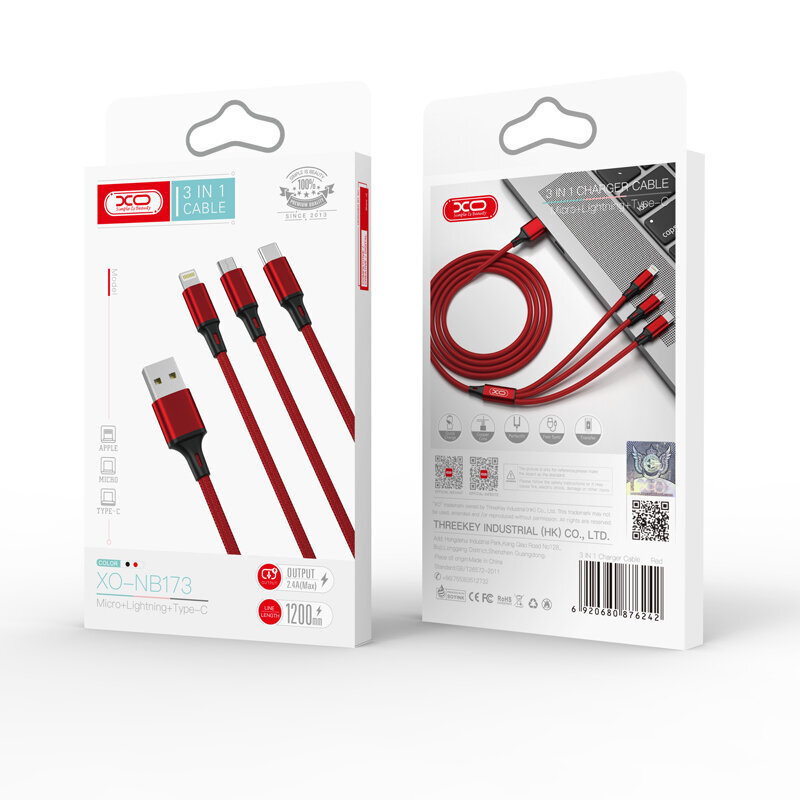 XO cable NB173 3in1, USB - Lightning + USB-C + microUSB, 1.2 m цена и информация | Laidai telefonams | pigu.lt