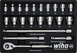 Įrankių rinkinys Wiha 3/8 “ su putplasčio įdėklu, 23 vnt. kaina ir informacija | Mechaniniai įrankiai | pigu.lt