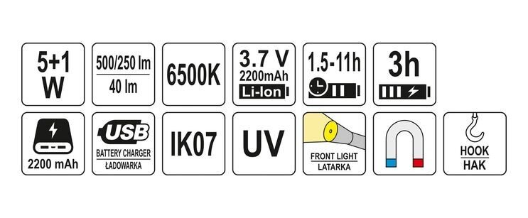 Lempa dirbtuvėms akumuliatorinė LED 5W COB, 500LM + 40LM, UV Yato (YT-08517) kaina ir informacija | Žibintuvėliai, prožektoriai | pigu.lt