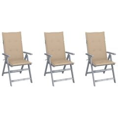 vidaXL Atlošiamos sodo kėdės su pagalvėlėmis, 3vnt., akacijos masyvas kaina ir informacija | Lauko kėdės, foteliai, pufai | pigu.lt
