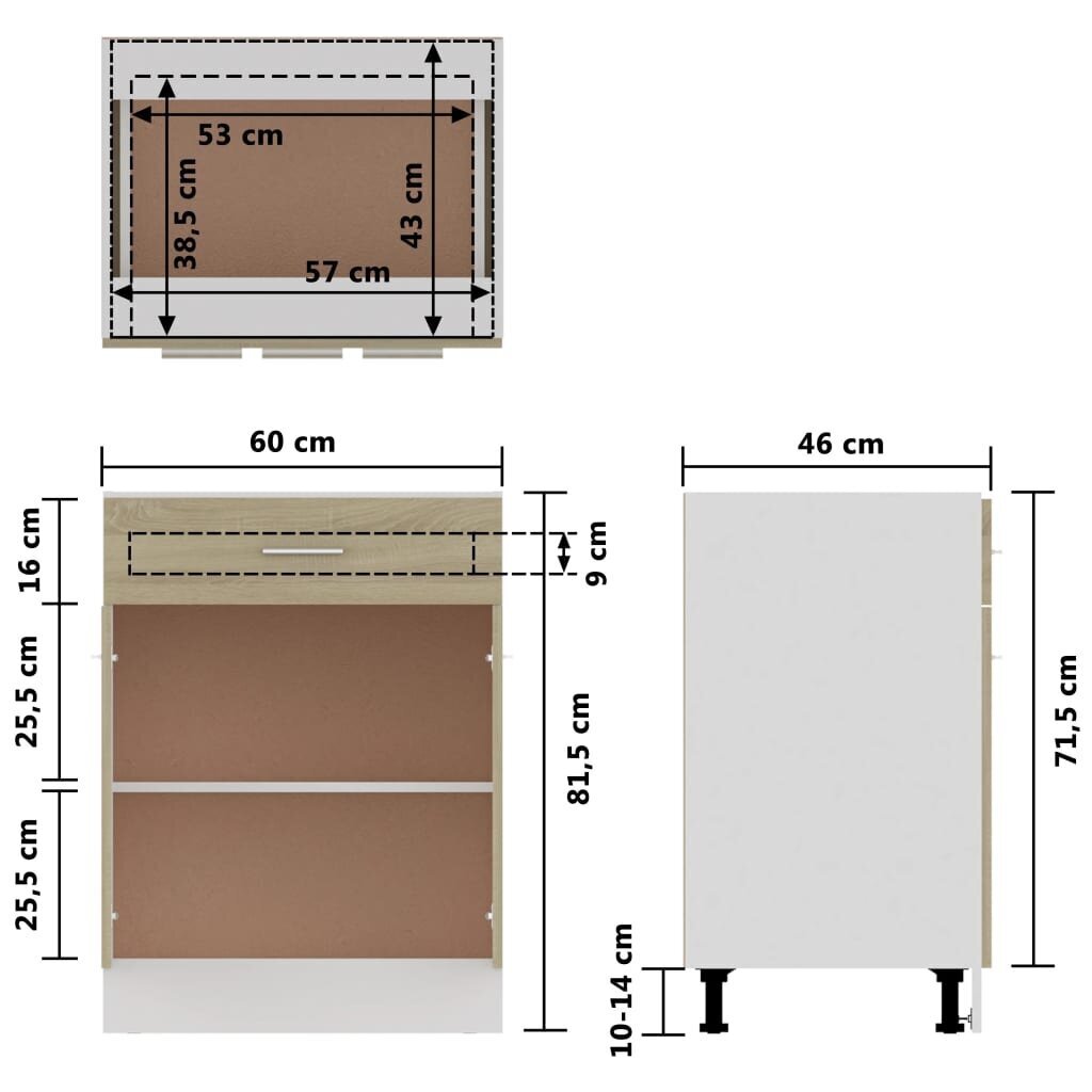 vidaXL Apatinė spintelė su stalčiumi, ąžuolo, 60x46x81,5cm, MDP цена и информация | Virtuvinės spintelės | pigu.lt