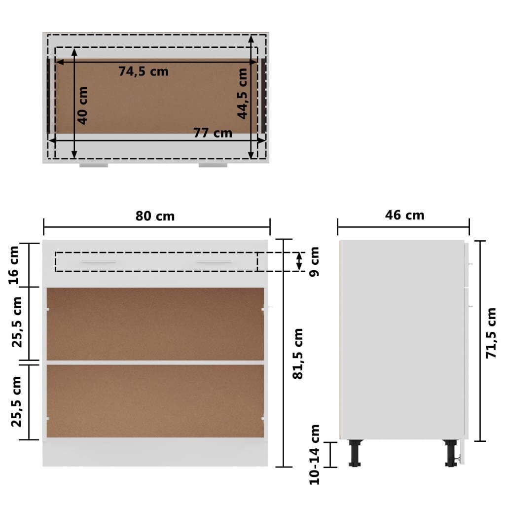 vidaXL Apatinė spintelė su stalčiumi, balta, 80x46x81,5cm, MDP kaina ir informacija | Virtuvinės spintelės | pigu.lt