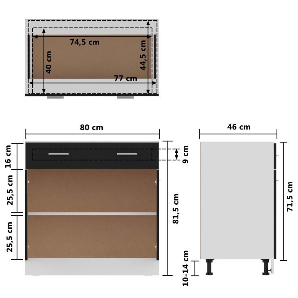 vidaXL Apatinė spintelė su stalčiumi, juoda, 80x46x81,5cm, MDP kaina ir informacija | Virtuvinės spintelės | pigu.lt