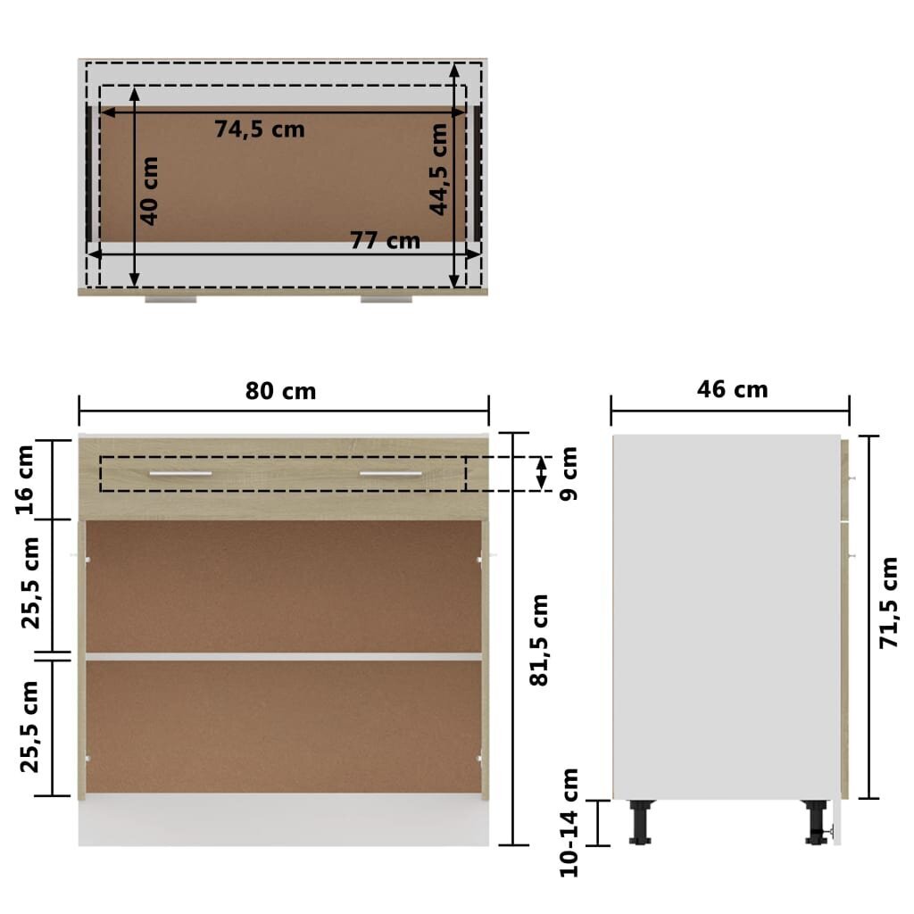 vidaXL Apatinė spintelė su stalčiumi, ąžuolo, 80x46x81,5cm, MDP kaina ir informacija | Virtuvinės spintelės | pigu.lt