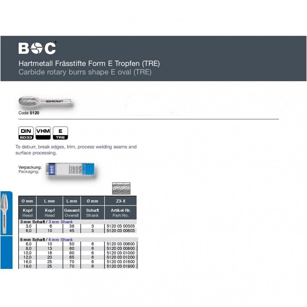 Kietmetalio freza ovalo E formos Bohrcraft (Ø 6 mm) kaina ir informacija | Frezos | pigu.lt