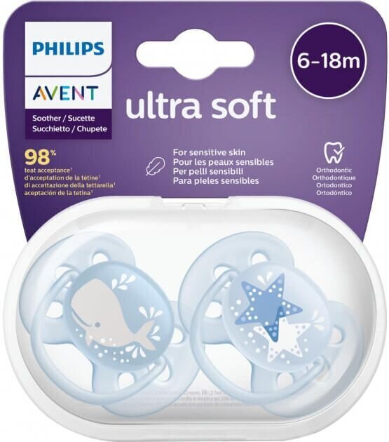 Silikoninis čiulptukas Philips Avent Ultra Soft, 6-18 mėn., SCF223/03, 2 vnt. kaina ir informacija | Čiulptukai | pigu.lt