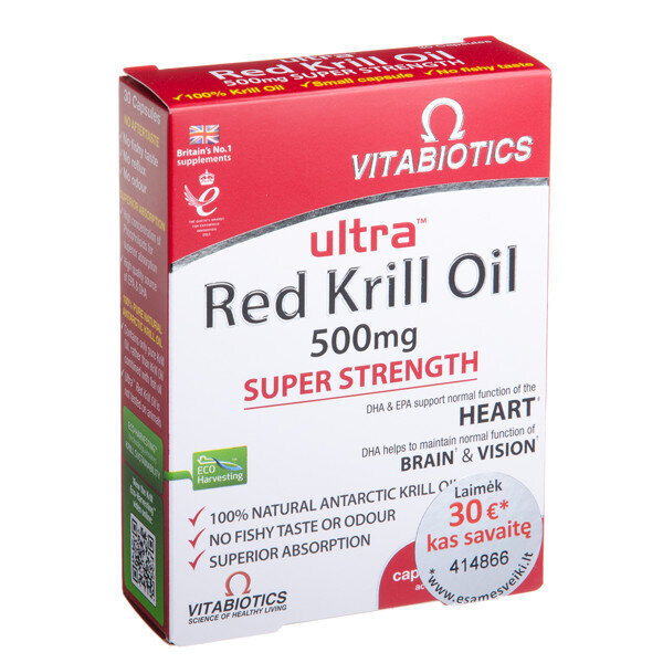 Maisto papildas, žuvų taukai Ultra Red Krill Oil krilių aliejus 30 kapsulių kaina ir informacija | Vitaminai, maisto papildai, preparatai gerai savijautai | pigu.lt