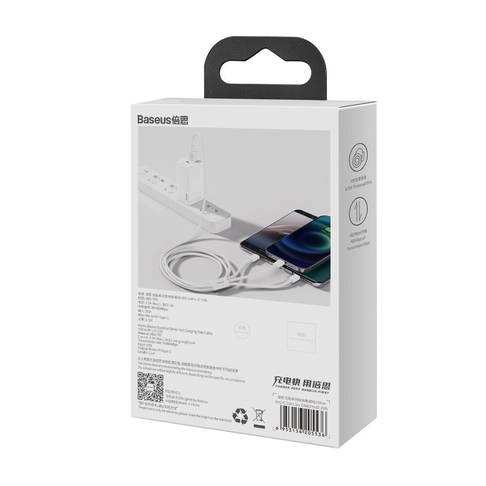 Kabelis Baseus 3w1 USB - Lightning / USB Type C / micro USB (3,5 A / 480 Mbps) 1,5 m CAMLTYS-02 kaina ir informacija | Laidai telefonams | pigu.lt