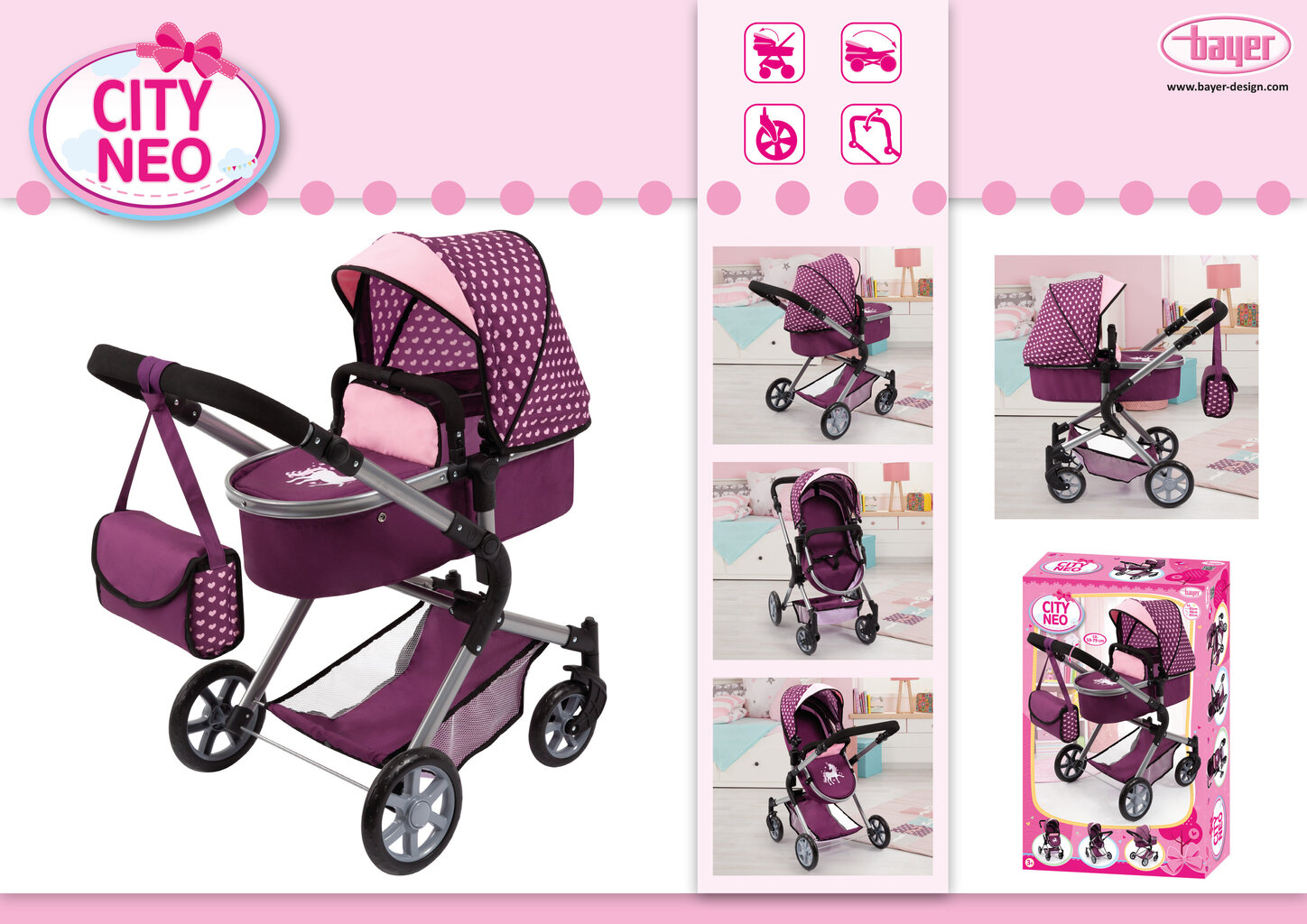 Lėlių vežimėlis Bayer City Neo, violetinis цена и информация | Žaislai mergaitėms | pigu.lt