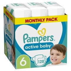 Sauskelnės Pampers Active Baby, Monthly Pack, 6 dydis, 13-18 kg, 128 vnt. kaina ir informacija | Pampers Išparduotuvė | pigu.lt