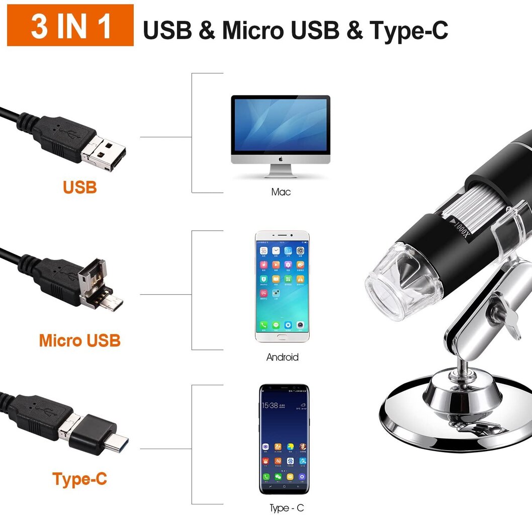 Цифровой микроскоп Электронный микроскоп 1600х USB +телефонный разъём цена  | pigu.lt