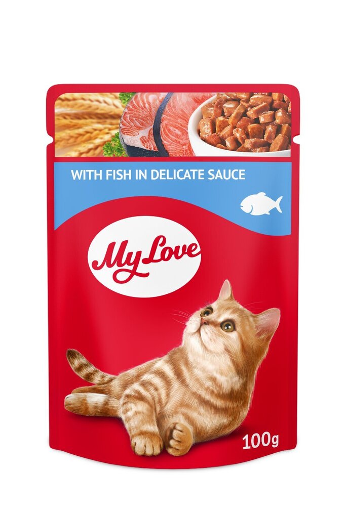 MY LOVE Visavertis konservuotas ėdalas suaugusioms katėms su žuvimi švelniame padaže, 100 g x 24 vnt. kaina ir informacija | Konservai katėms | pigu.lt