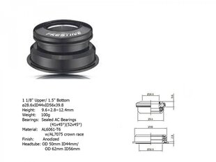 Dviračio vairo kolonėlė Author ACO-F13H Internal, 1 1/8 / 1,5; D: 39,8/44/56 mm, juoda цена и информация | Другие запчасти для велосипеда | pigu.lt