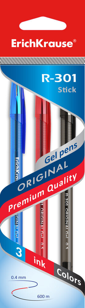 Gel ink pen ErichKrause® R-301 Original Gel 0.5, ink color: juoda, mėlyna, raudona (polybag 3 pcs.) kaina ir informacija | Rašymo priemonės | pigu.lt