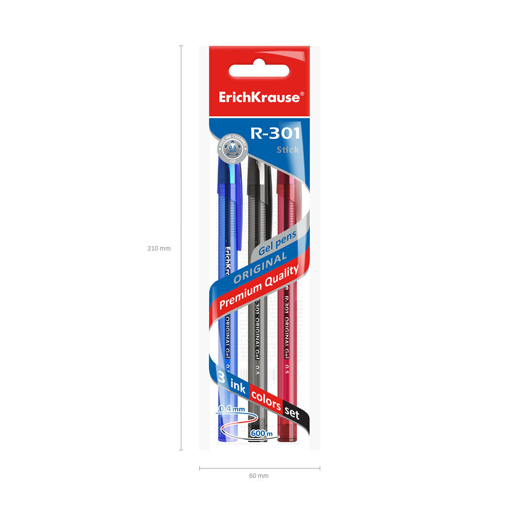 Gel ink pen ErichKrause® R-301 Original Gel 0.5, ink color: juoda, mėlyna, raudona (polybag 3 pcs.) цена и информация | Rašymo priemonės | pigu.lt