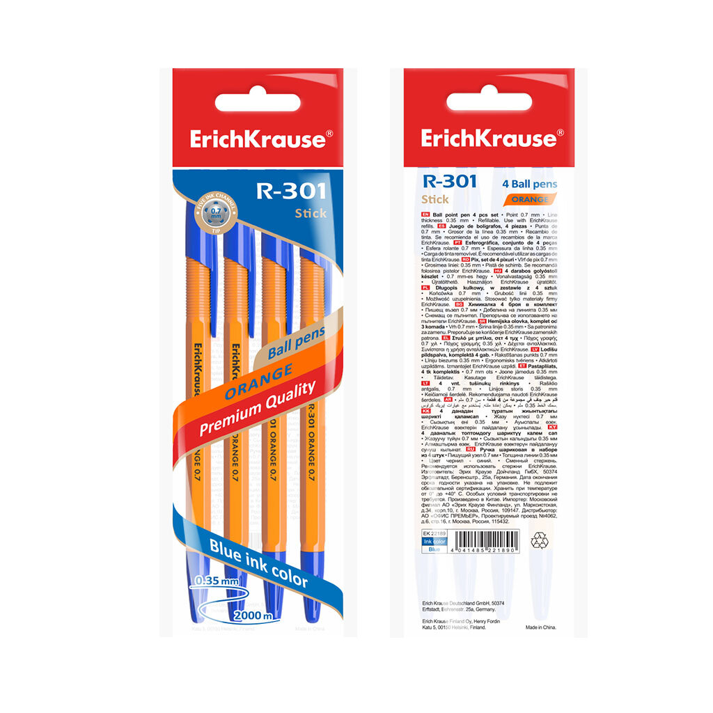 Tušinukas ErichKrause® R-301 Orange Stick 0.7, rašalo spalva - mėlyna (pakuotėje po 4 vnt.) kaina ir informacija | Rašymo priemonės | pigu.lt