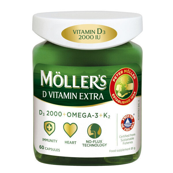 Maisto papildas Mollers D Vitamin Extra, 60 kapsulių kaina ir informacija | Vitaminai, maisto papildai, preparatai gerai savijautai | pigu.lt
