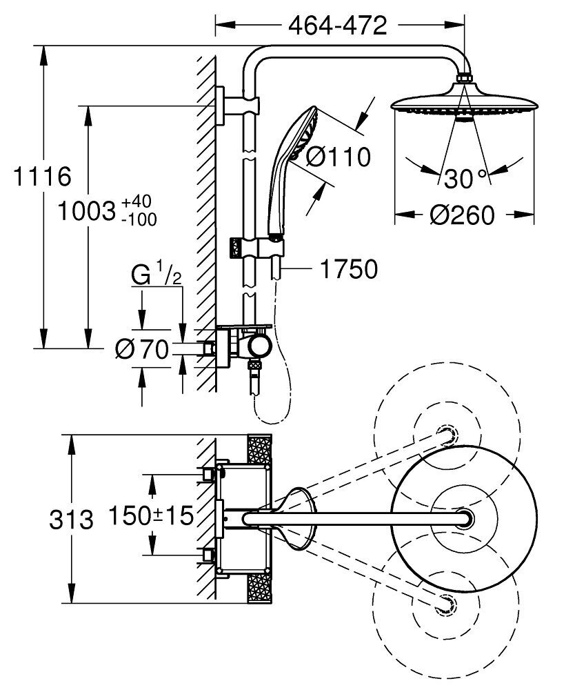 GROHE Vitalio Joy 260 termostatinė dušo sistema su 3-jų srovių 260mm lietaus galva ir 3-jų srovių 110mm dušeliu, vandenį taupanti, chromas, 26403002 kaina ir informacija | Dušo komplektai ir panelės | pigu.lt