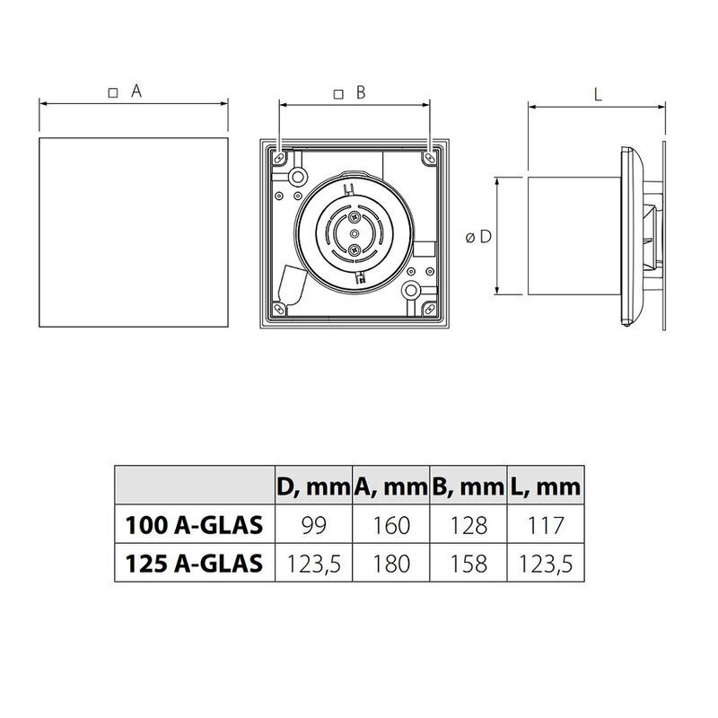 Ištraukimo Ventiliatorius Vlano A-GLAS TH BK su Juodo Stiklo Panele kaina ir informacija | Vonios ventiliatoriai | pigu.lt