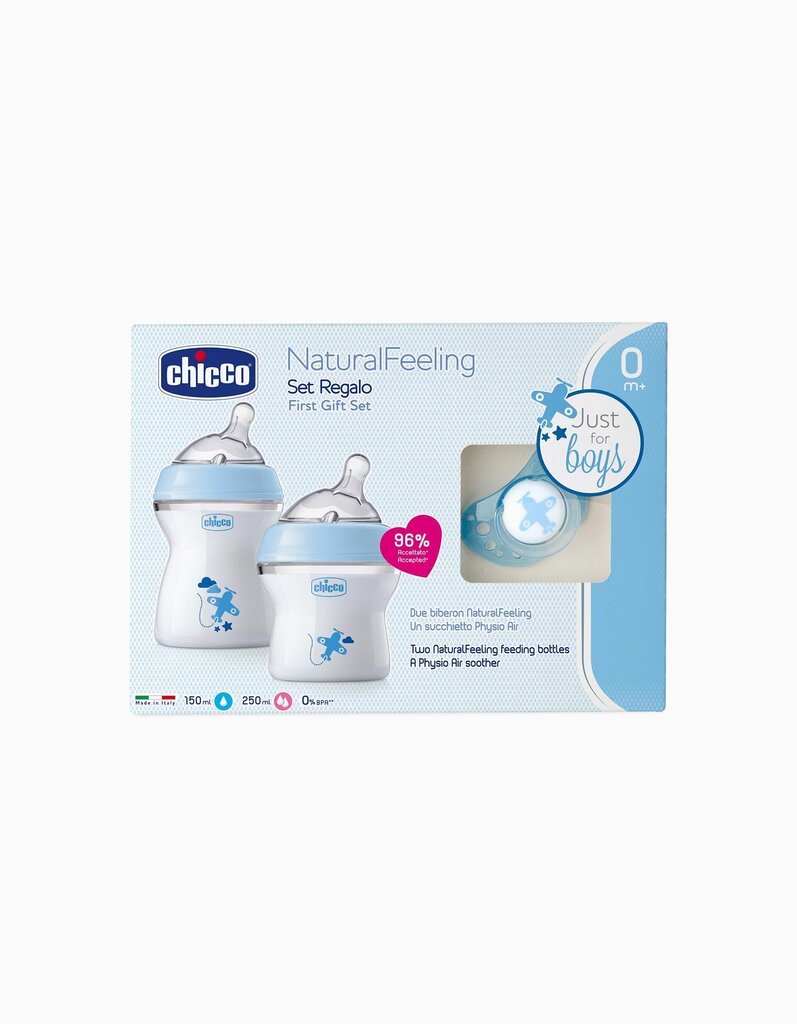 Maitinimo rinkinys Chicco Natural Feeling mėlynas: buteliukas lėto tekėjimo 150 ml, 0+ mėn. + buteliukas vidutinio tekėjimo 250 ml +2 mėn. + žindukas цена и информация | Buteliukai kūdikiams ir jų priedai | pigu.lt