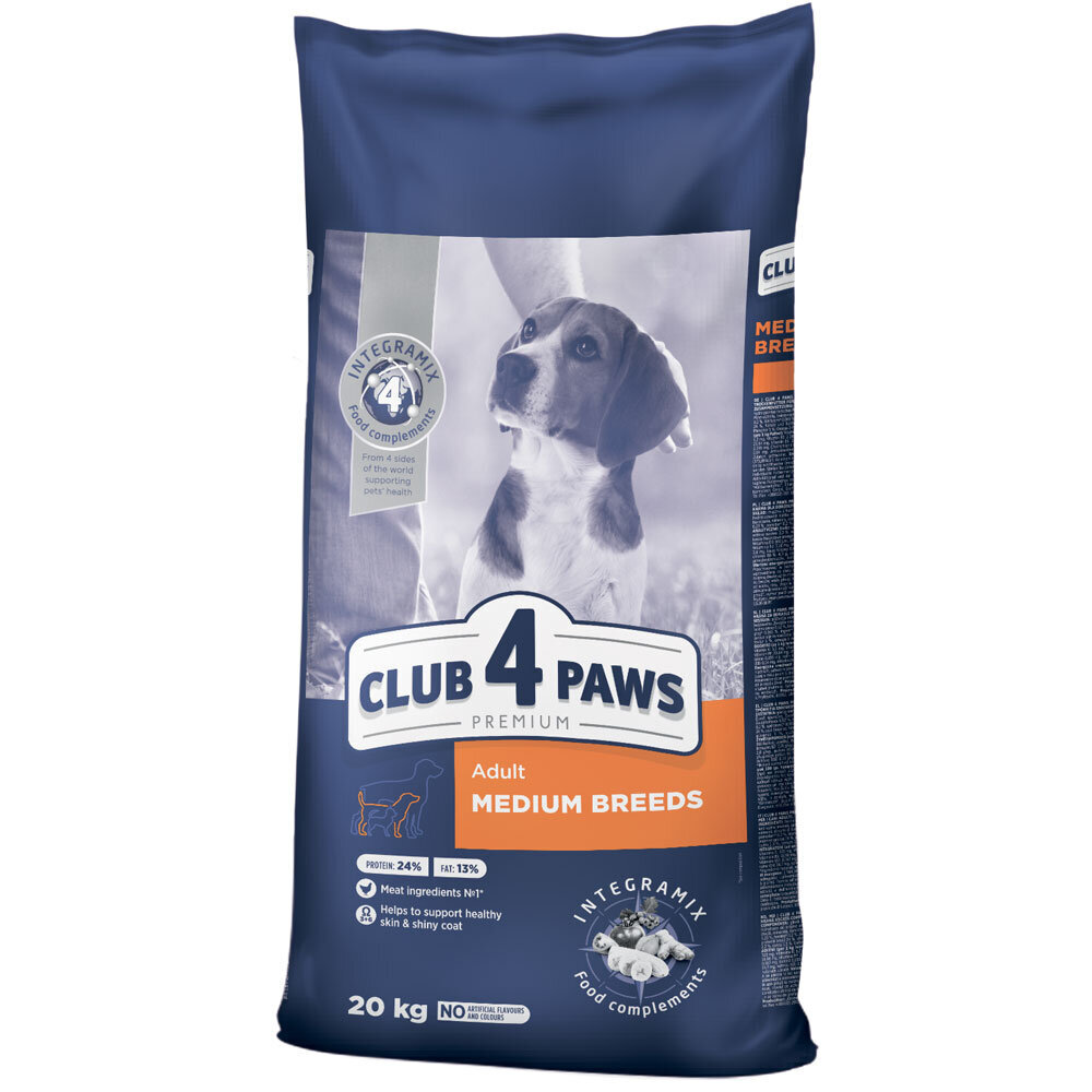 CLUB 4 PAWS Premium pilnavertis sausas pašaras suaugusiems vidutinių veislių šunims, 20kg kaina ir informacija | Sausas maistas šunims | pigu.lt