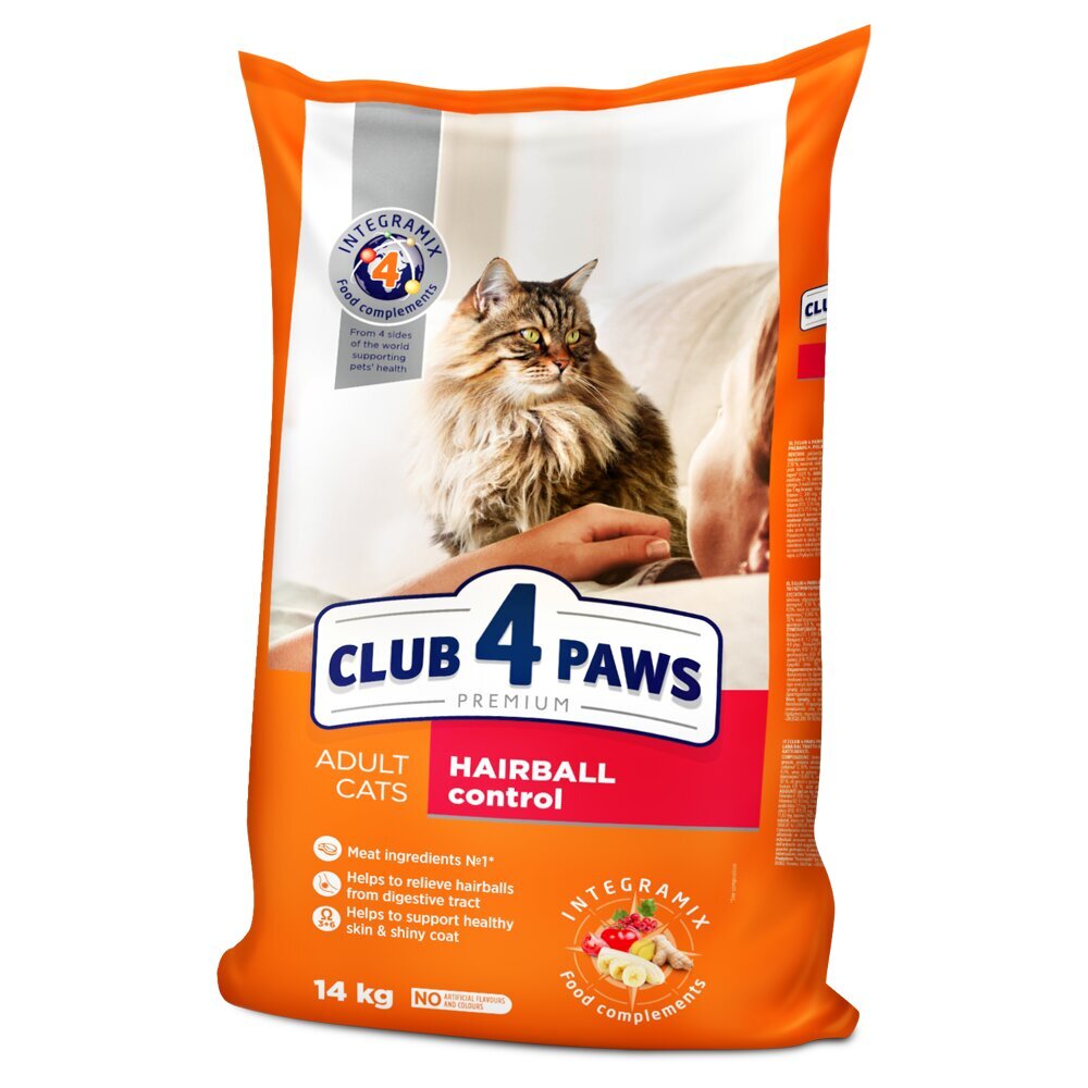 CLUB 4 PAWS Premium pilnavertis sausas maistas suaugusioms katėms su vilnos pašalinimu iš virškinamojo trakto "HAIRBALL CONTROL“, 14 kg kaina ir informacija | Sausas maistas katėms | pigu.lt