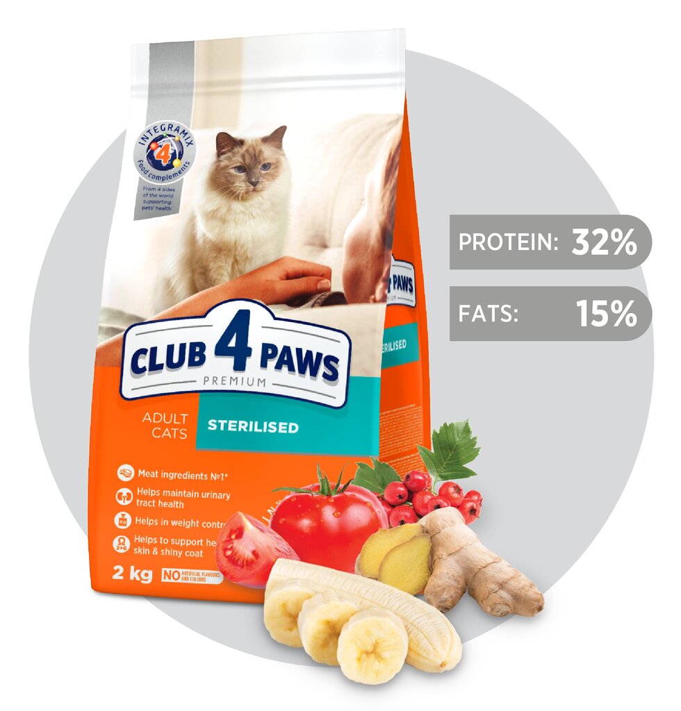 CLUB 4 PAWS Premium pilnavertis sausas maistas suaugusioms sterilizuotoms katėms „STERILIZED“, 2kg kaina ir informacija | Sausas maistas katėms | pigu.lt