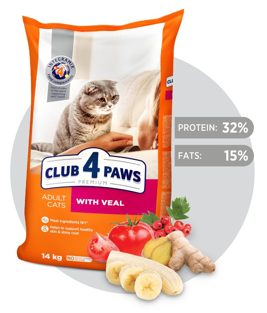 CLUB 4 PAWS PREMIUM pilnavertis sausas maistas suaugusioms katėms su veršiena, 14 kg kaina ir informacija | Sausas maistas katėms | pigu.lt