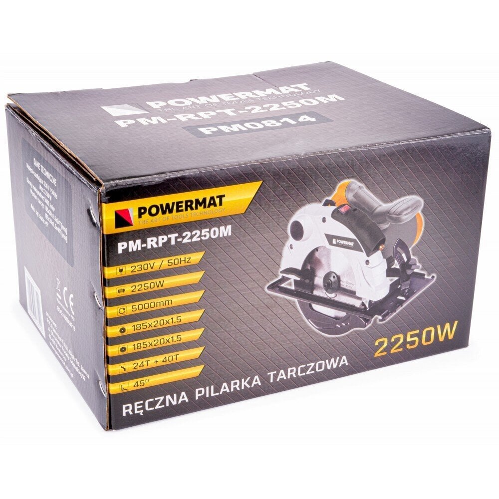 Diskinis rankinis pjūklas PowerMat 2250W 185mm kaina ir informacija | Pjūklai, pjovimo staklės | pigu.lt