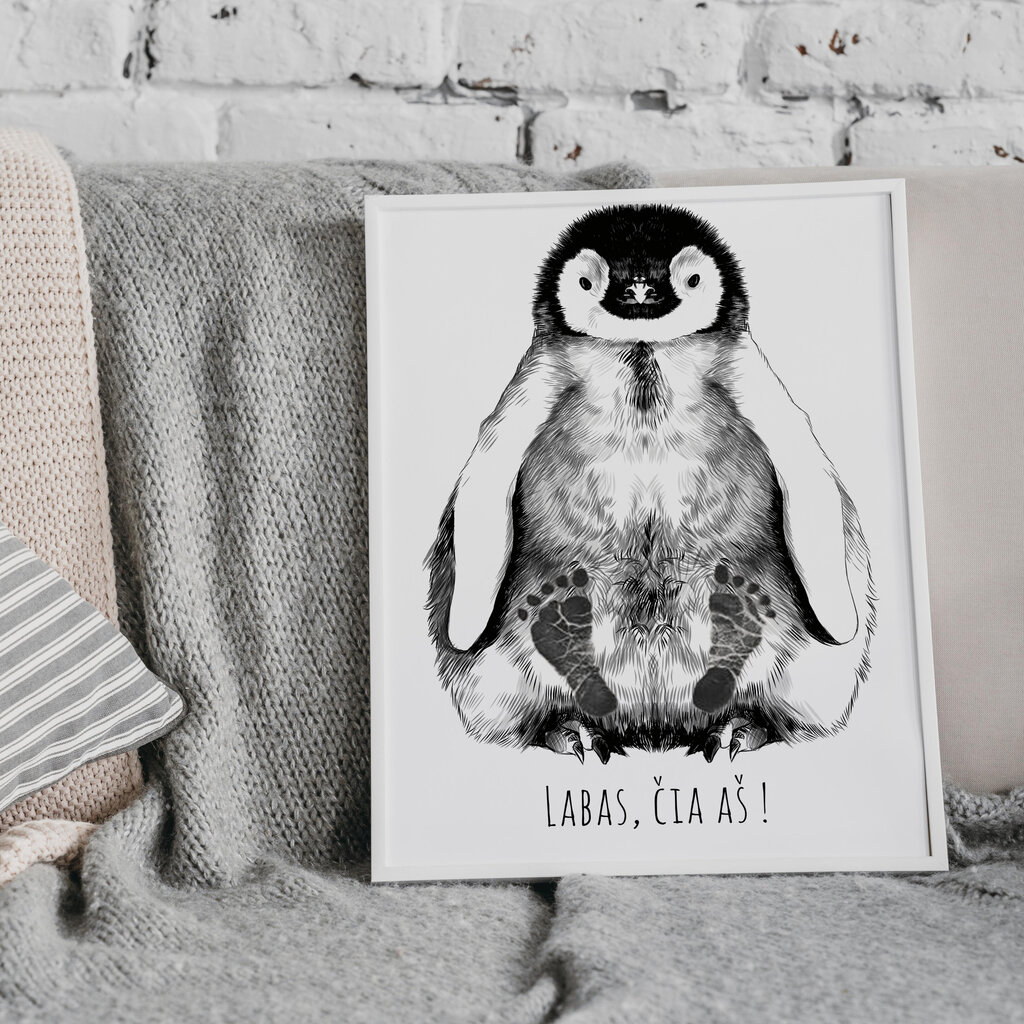 Pieštas paveikslas "Pingvinas" su antspaudais , A4 formatu, baltame rėmelyje kaina ir informacija | Reprodukcijos, paveikslai | pigu.lt