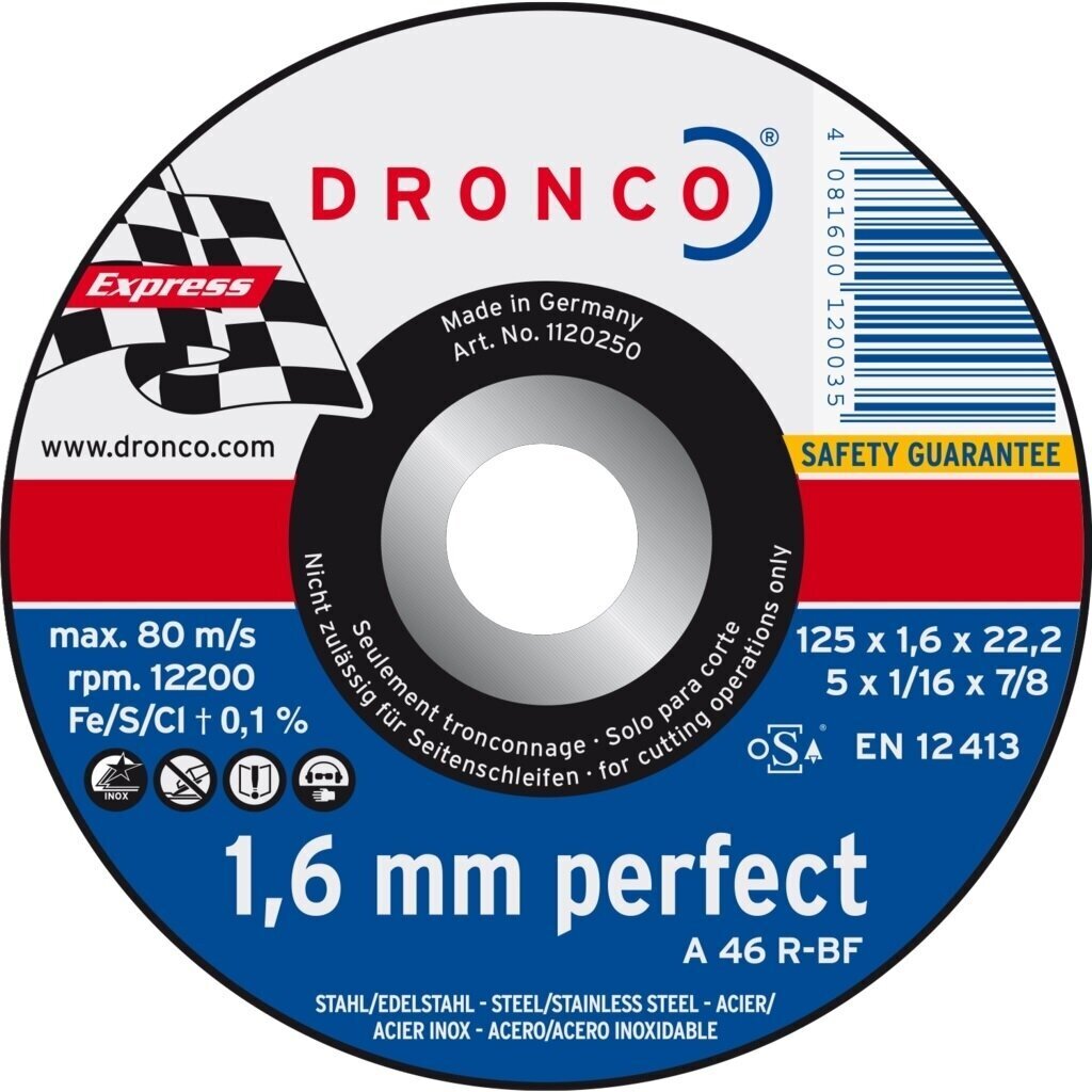 Pjovimo diskas Dronco A46R T41 (125 x 1,6 x 22,2) kaina ir informacija | Suktuvai, gręžtuvai | pigu.lt