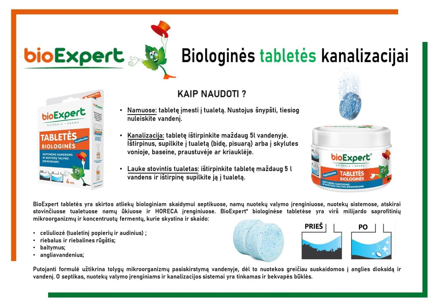 Biologinės tablelės kanalizacijai BioExpert 1vnt kaina ir informacija | Mikroorganizmai, bakterijos | pigu.lt