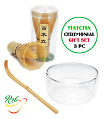 Matcha Dovanų Rinkinys, bambukinė šluotelė + šaukštelis + dvigubas stiklinis dubuo kaina ir informacija | Virtuvės įrankiai | pigu.lt