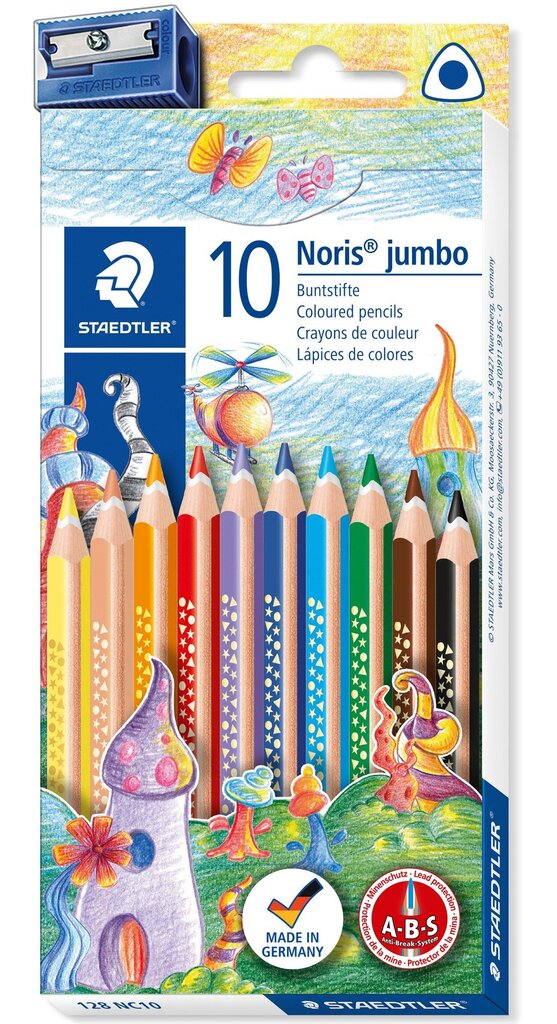 Spalvoti pieštukai Staedtler Noris jumbo 128, su drožtuku, 10 spalvų kaina ir informacija | Piešimo, tapybos, lipdymo reikmenys | pigu.lt
