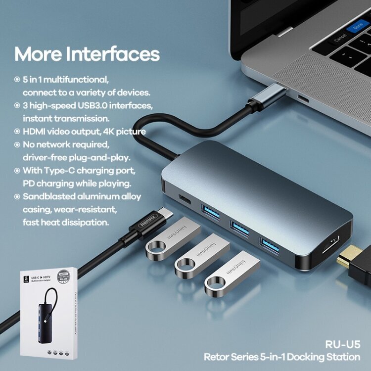 Adapteris Remax RU-U5 5 In1 HDMI, 3x3.0USB, USB-C -Type-C / USB-C Docking Station kaina ir informacija | Adapteriai, USB šakotuvai | pigu.lt