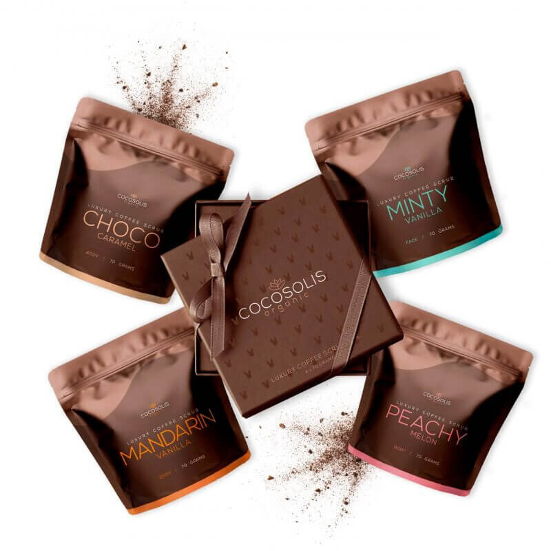Šveičianti ir valanti priemonė Luxury Coffee Scrub Box Cocosolis, 4 x 70 ml цена и информация | Kūno šveitikliai | pigu.lt