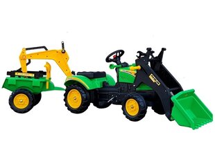 Педалями движимый трактор с прицепом и 2 ковшами Benson, зеленый цена и информация | Игрушки для мальчиков | pigu.lt