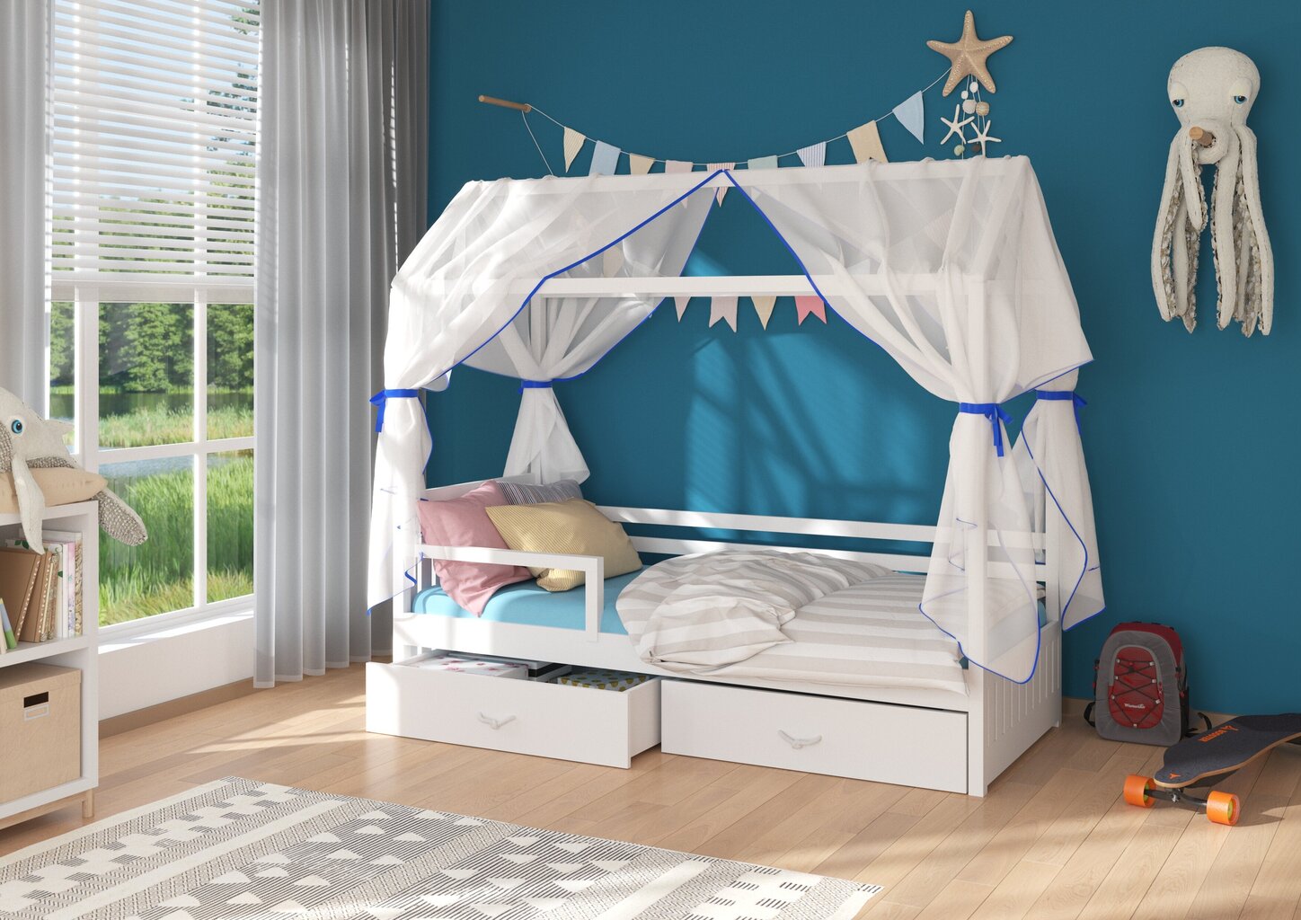 Lova ADRK Furniture Rose 90x200 cm su baldakimu ir šonine apsauga, balta/mėlyna цена и информация | Vaikiškos lovos | pigu.lt