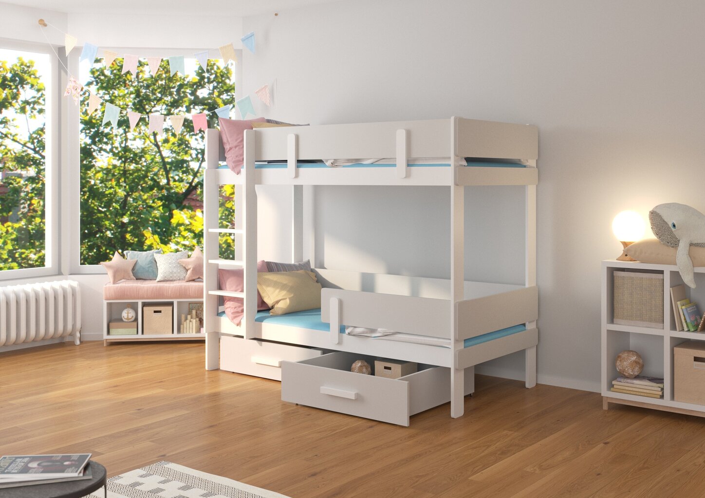 Dviaukštė lova ADRK Furniture Etiona 80x180cm, balta/pilka kaina ir informacija | Vaikiškos lovos | pigu.lt