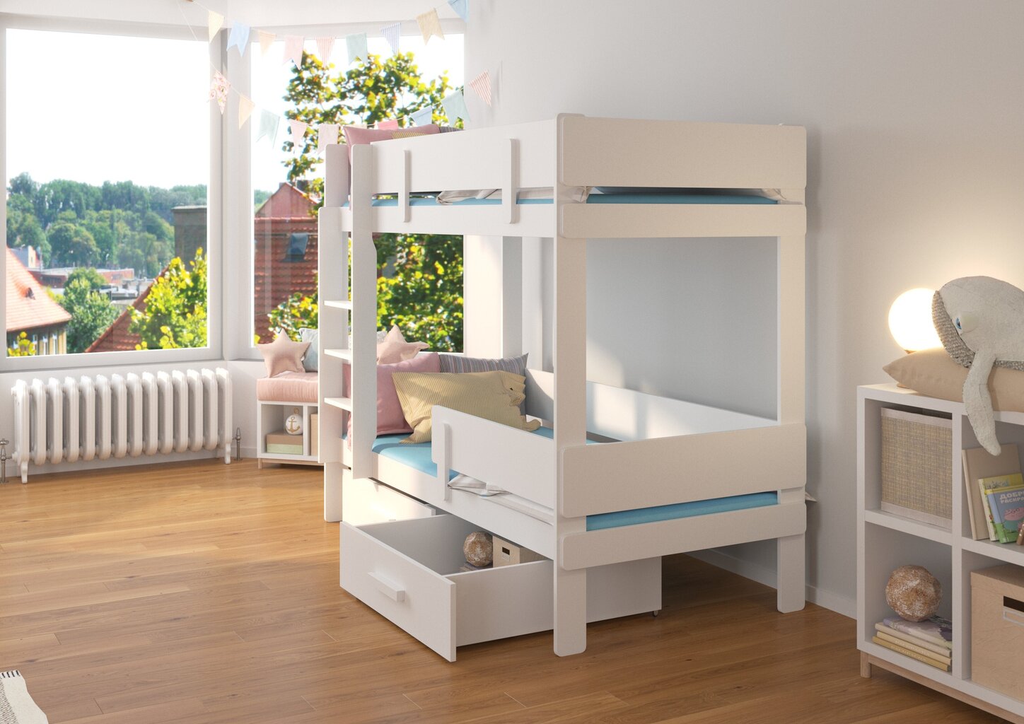 Dviaukštė lova ADRK Furniture Etiona 90x200cm, balta/pilka kaina ir informacija | Vaikiškos lovos | pigu.lt