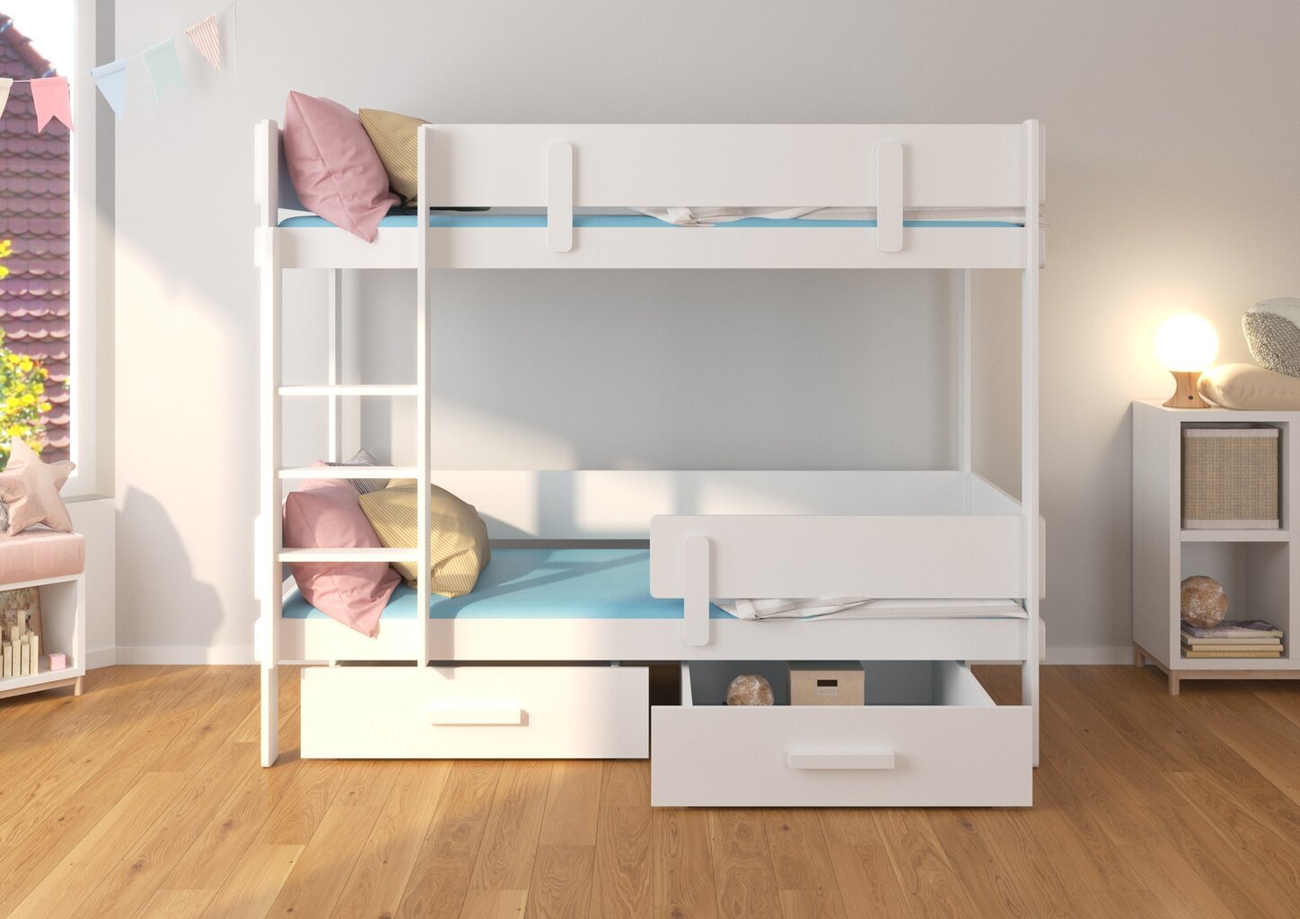 Dviaukštė lova ADRK Furniture Etiona 90x200cm, balta/pilka kaina ir informacija | Vaikiškos lovos | pigu.lt