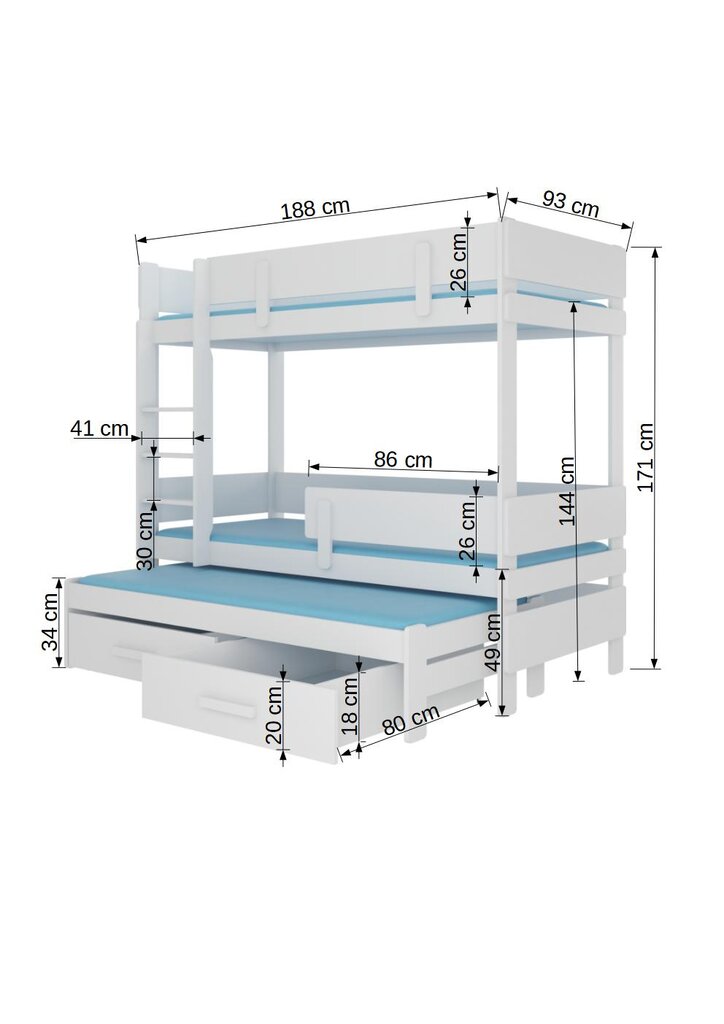 Dviaukštė lova ADRK Furniture Etapo 80x180cm, balta/pilka kaina ir informacija | Vaikiškos lovos | pigu.lt