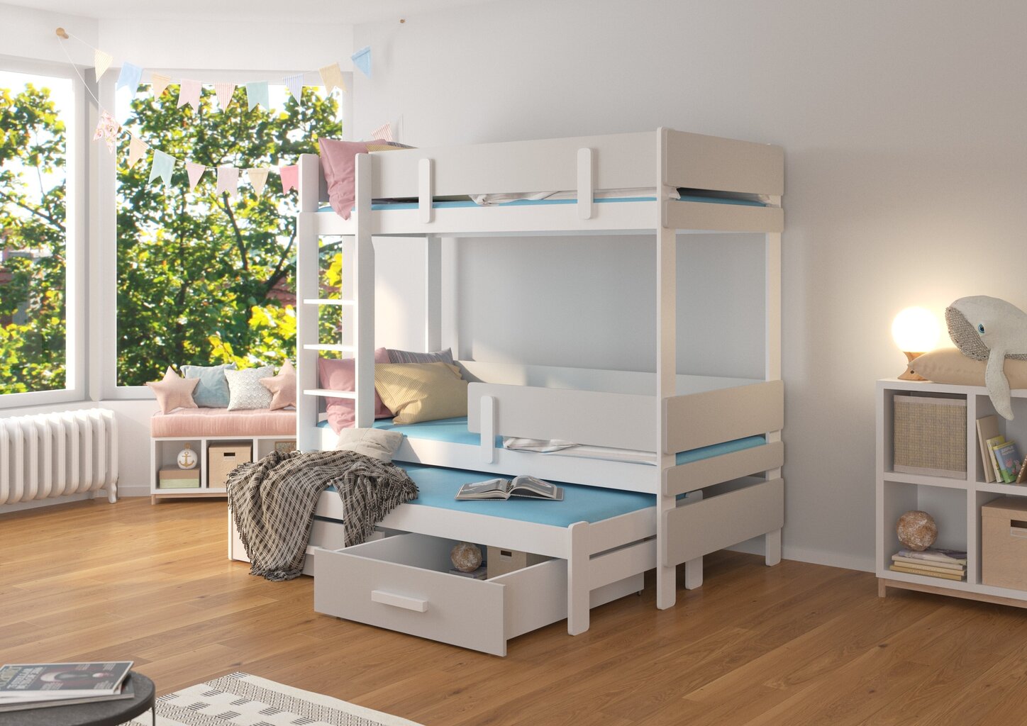 Dviaukštė lova ADRK Furniture Etapo 80x180cm, balta/pilka kaina ir informacija | Vaikiškos lovos | pigu.lt